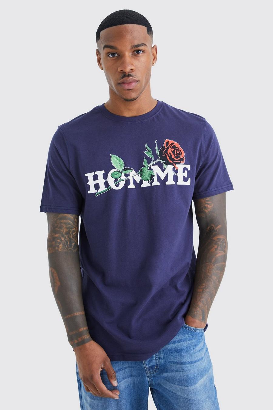 Navy marineblau Homme Rose Print T-shirt