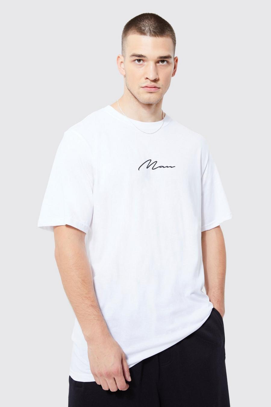 Camiseta Tall con firma MAN y cuello de caja, White