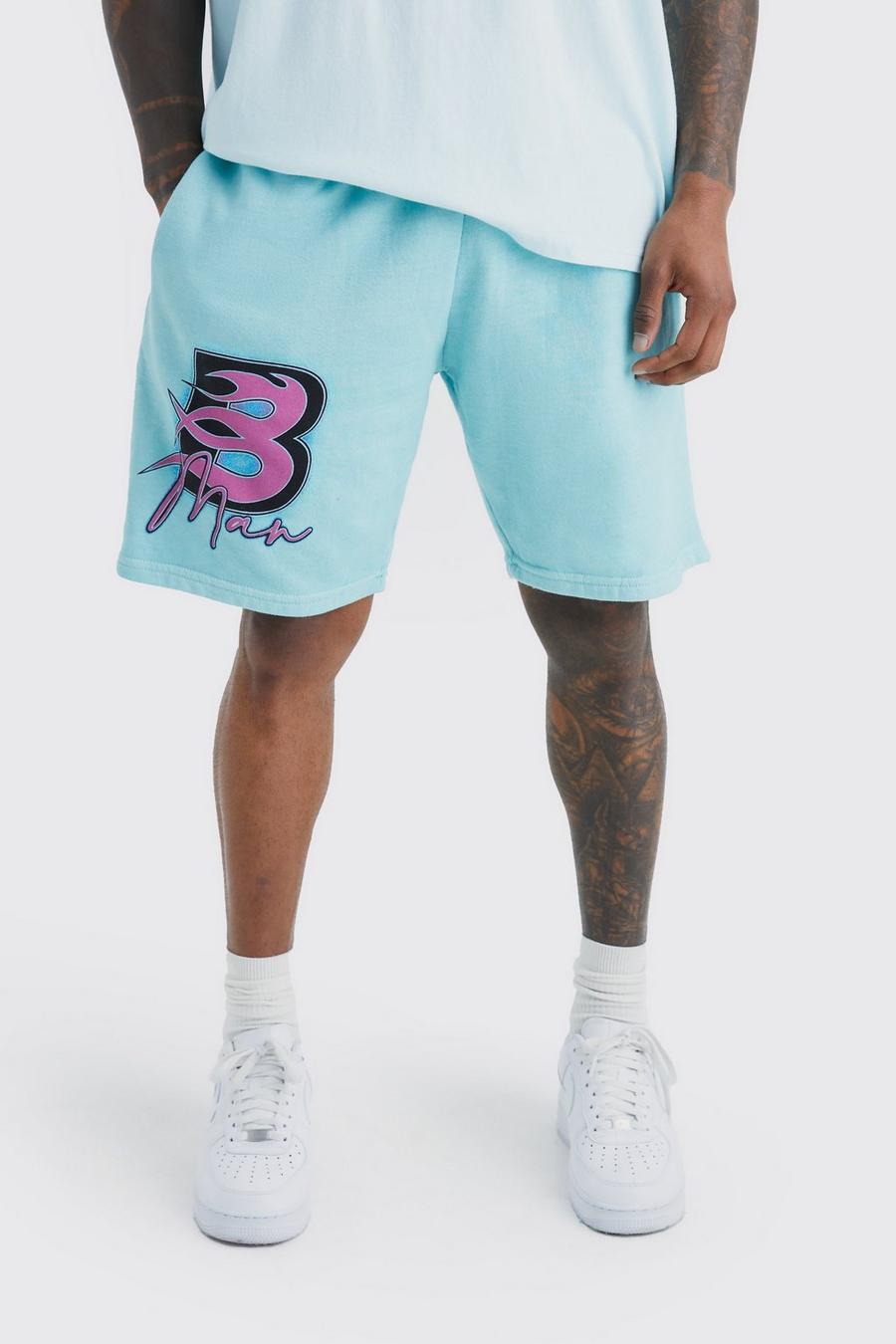 Light blue Loose Fit Overdyed Flame B Print Jersey Short image number 1