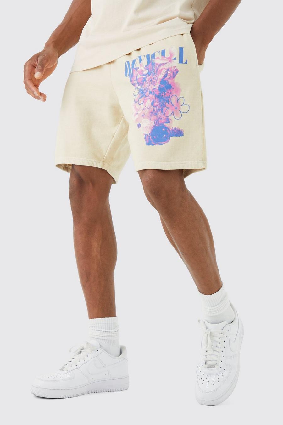 Pantalón corto holgado sobreteñido con estampado de flores, Ecru marl image number 1
