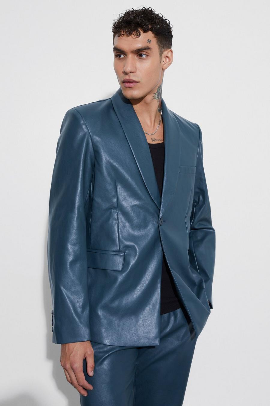 Blazer oversize in PU con colletto a scialle, Teal image number 1