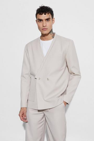 Stone Beige Oversized Boxy Collarless Blazer