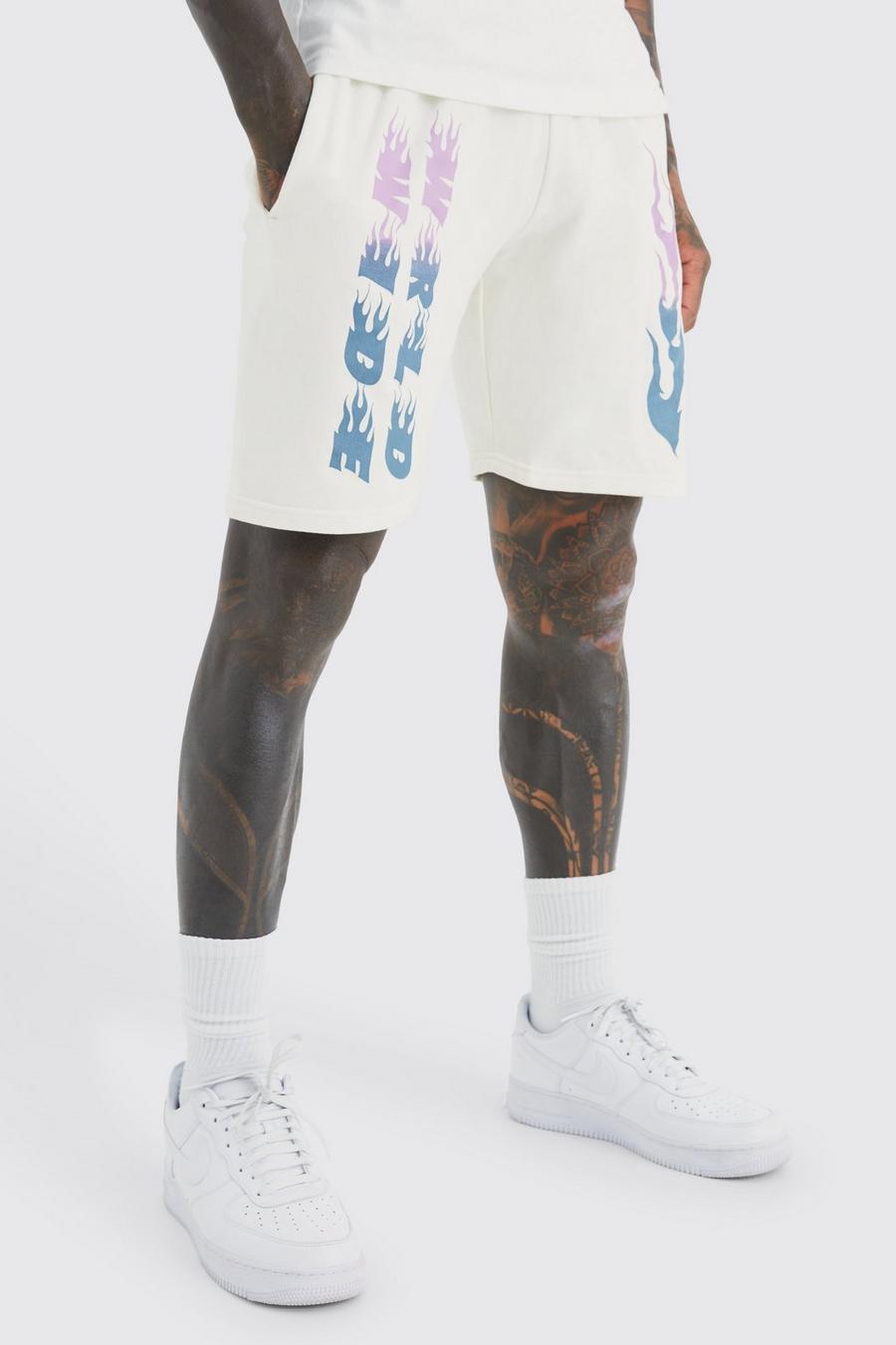 Ecru white Loose Fit Ombre Flames Print Jersey Short