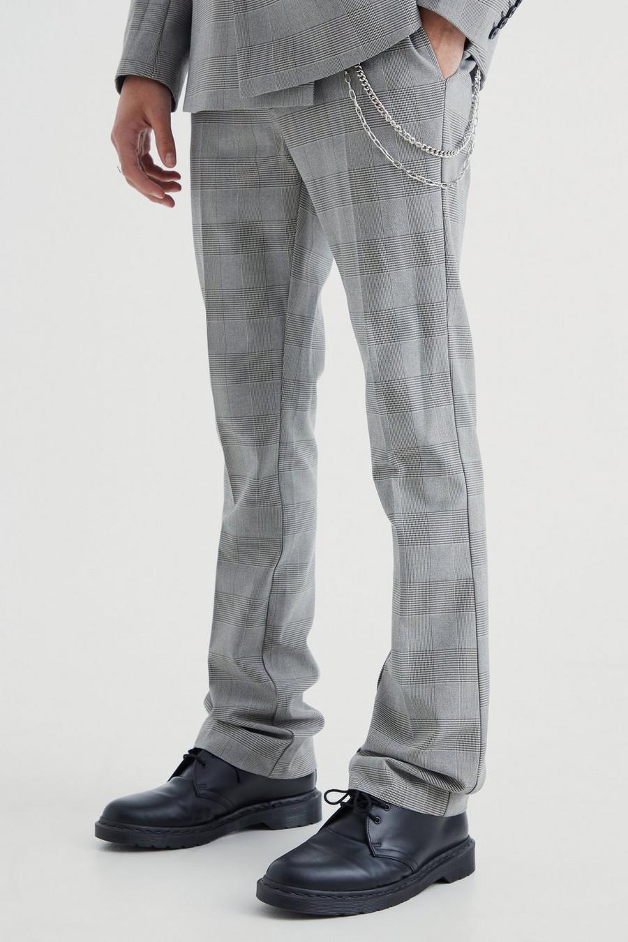 Grey Skinny Flare Pow Flannel Pants With Chain