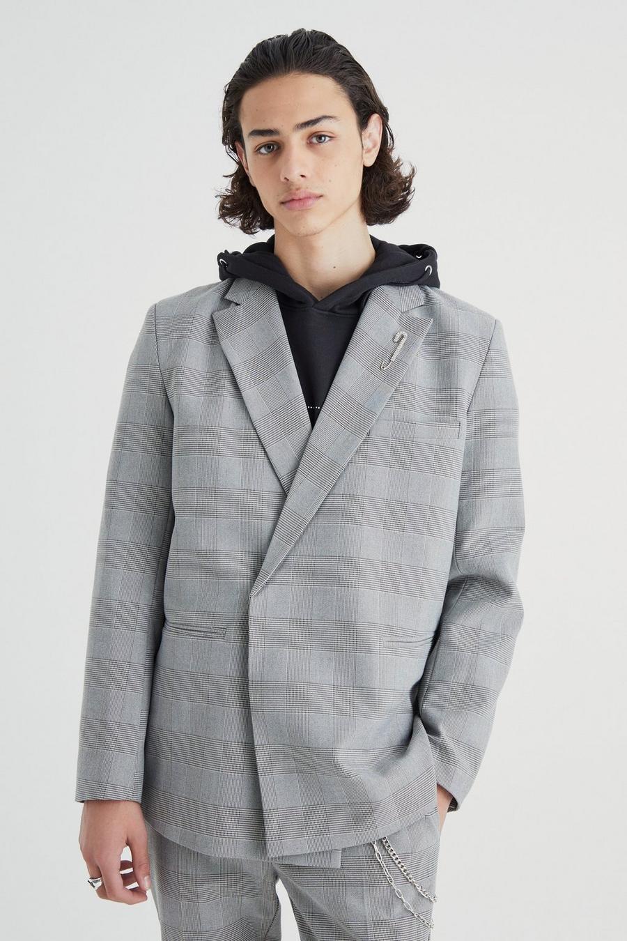 Grey Relaxed Fit Wrap Front Pow Check Blazer image number 1