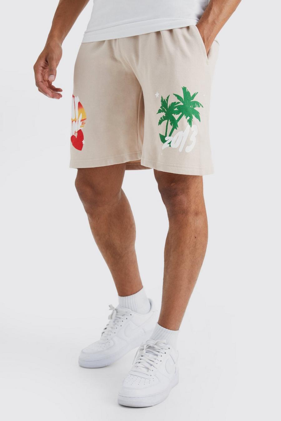 Sand beige Oversized Scenic Palm Print Jersey Short