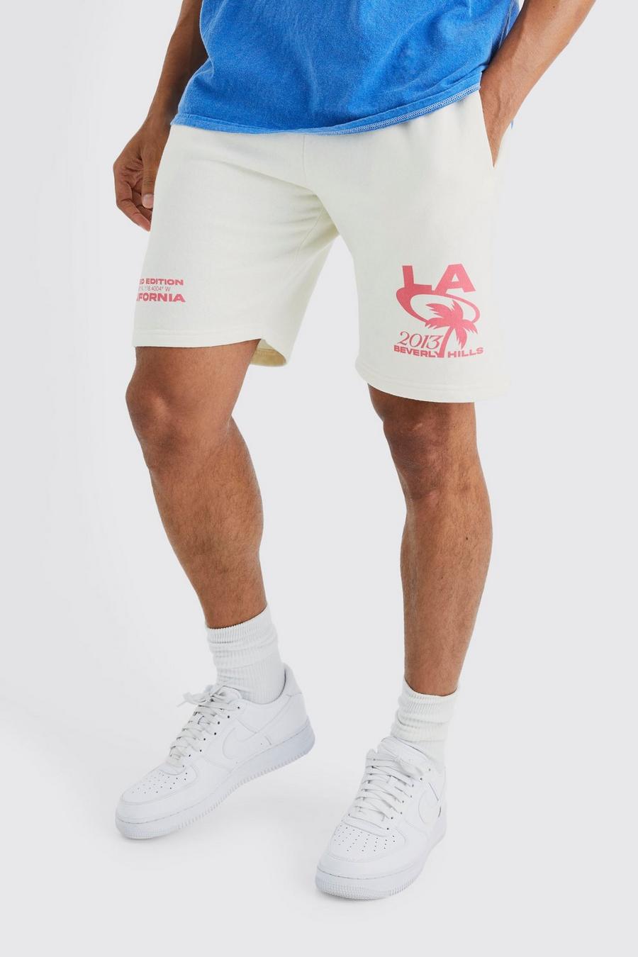 Pantaloncini comodi in jersey con scritta Palm LA Hills, Ecru image number 1