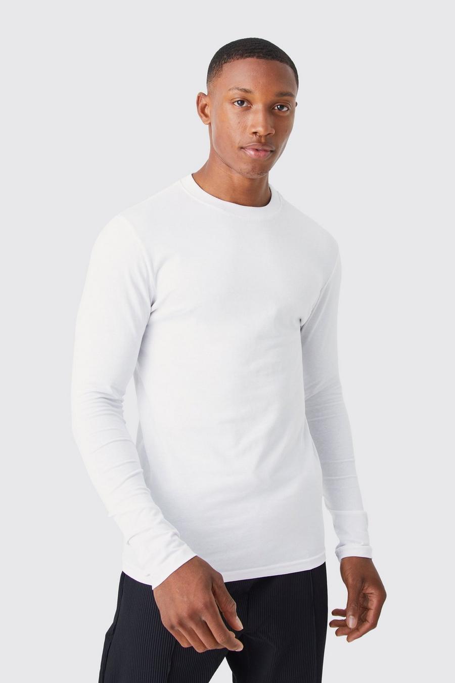 Camiseta de manga larga ajustada al músculo, White blanco