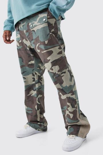 Plus Slim Stacked Gusset Flare Multi Cargo Camo Pants khaki