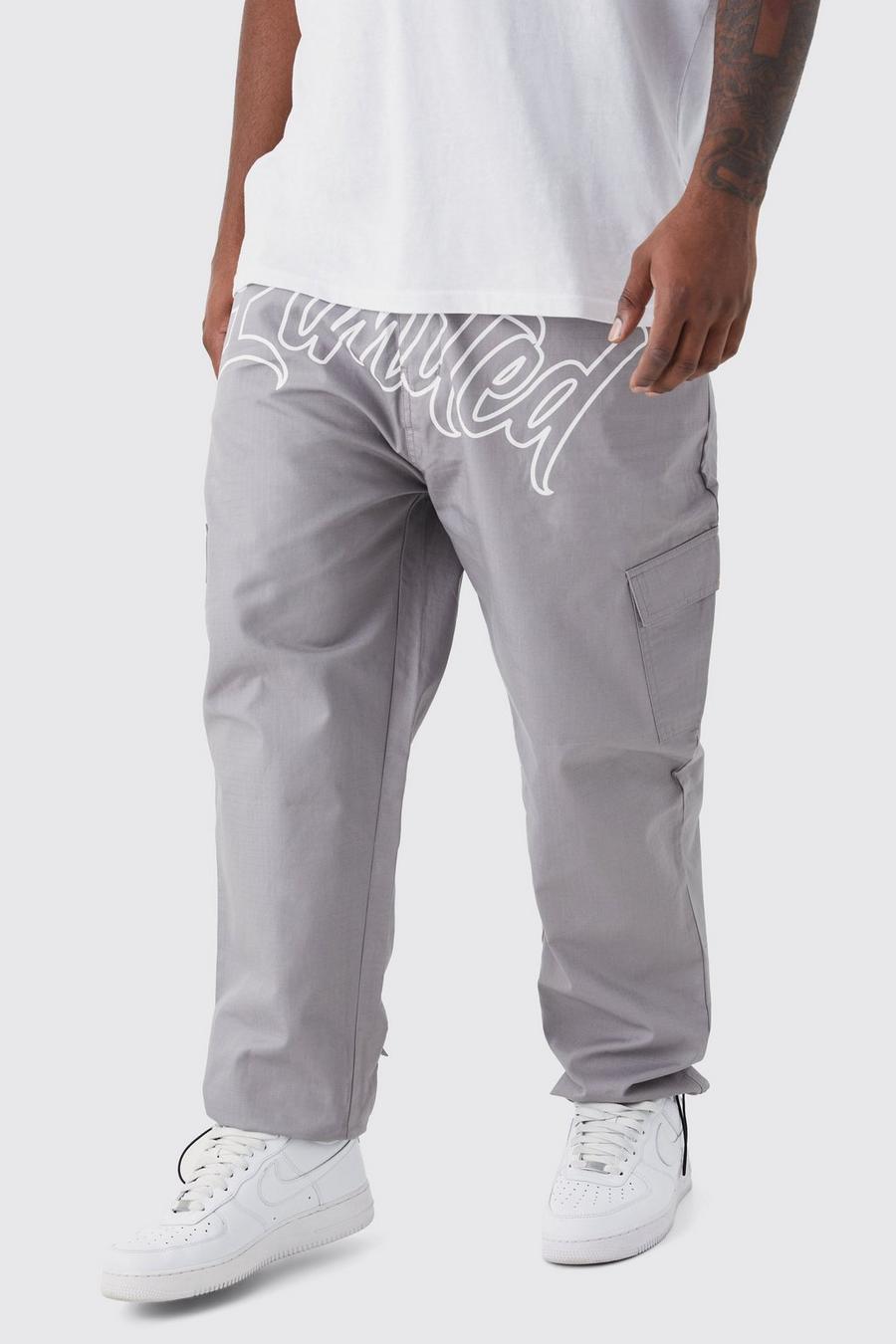 Charcoal grey Plus Slim Ripstop Cargo Limited Text Print Trouser