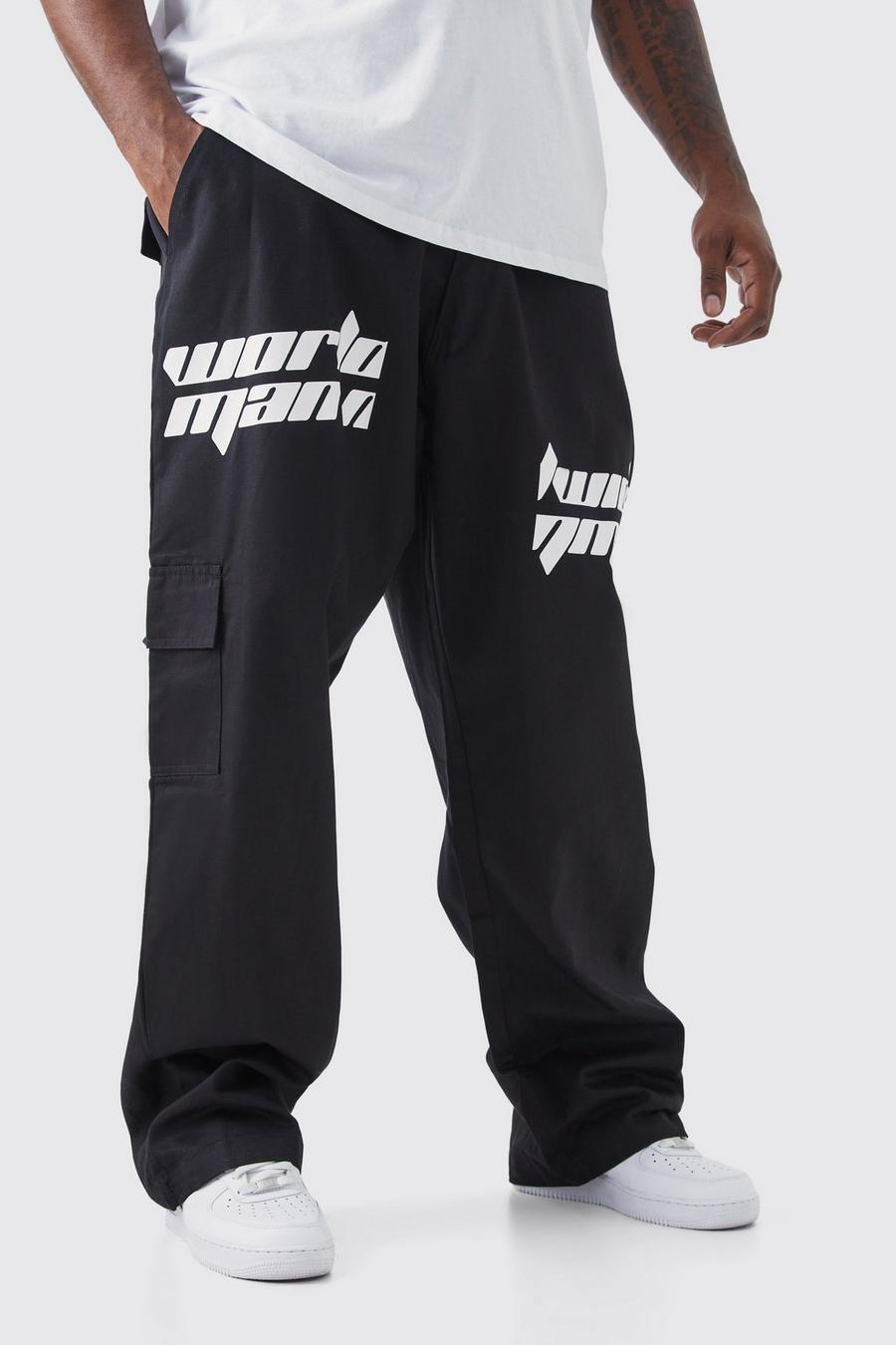 Pantaloni Cargo Plus Size rilassati con stampa di testo effetto patchwork, Black nero