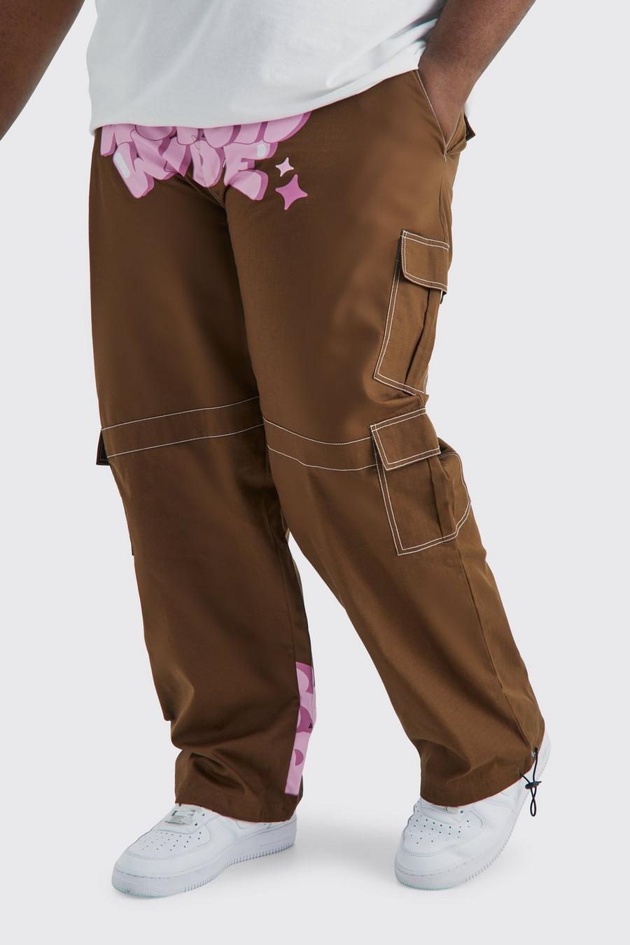 Chocolate Plus Relaxed Ripstop Cargo Graffiti Print Trouser image number 1
