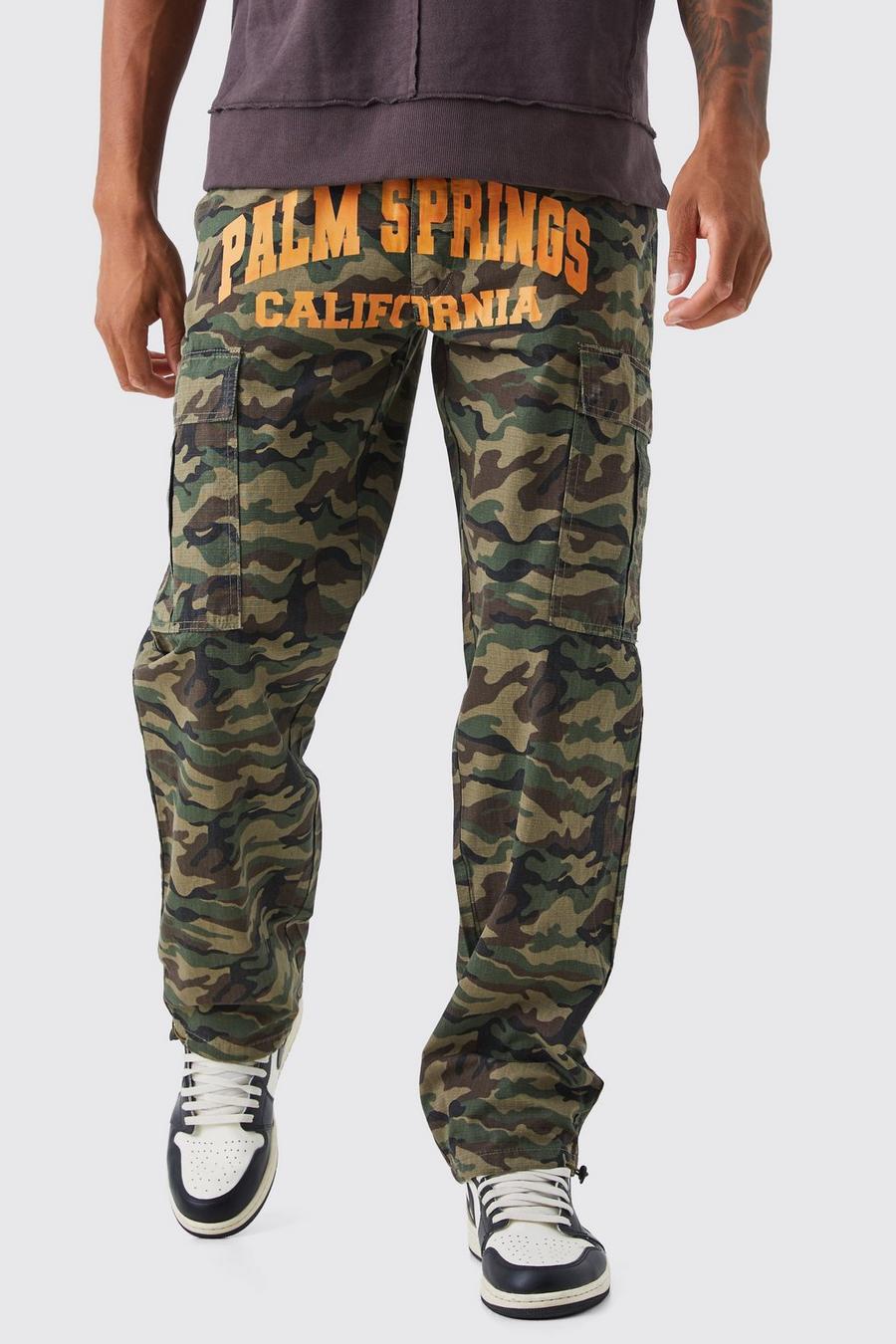 Chocolate Tall Relaxed Cargo Varsity Slogan Print Camo Trouser image number 1