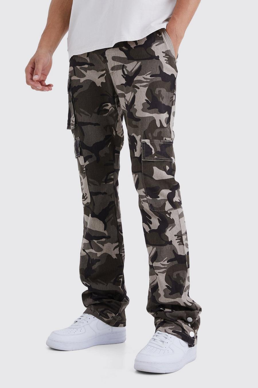 Chocolate Tall Slim Stacked Popper Hem Multi Cargo Camo Trouser image number 1