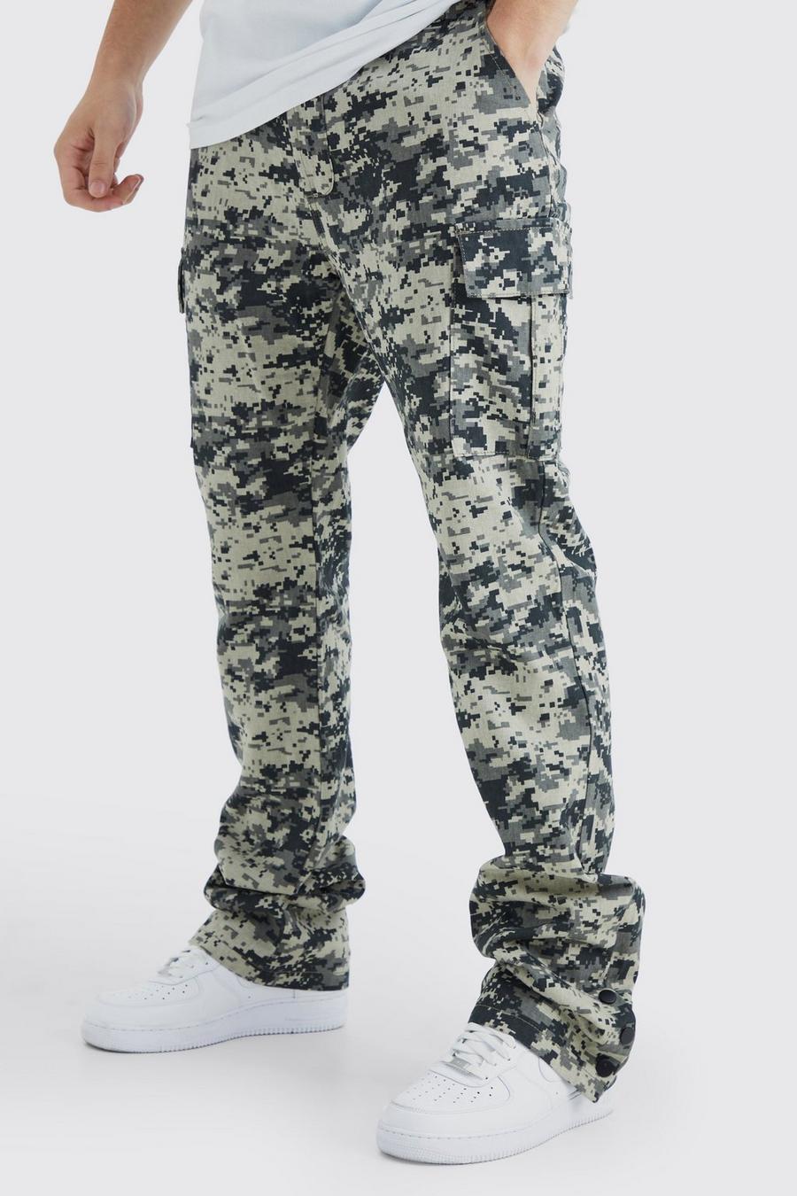 Charcoal Tall Slim Stacked Popper Hem Cargo Camo Trouser image number 1