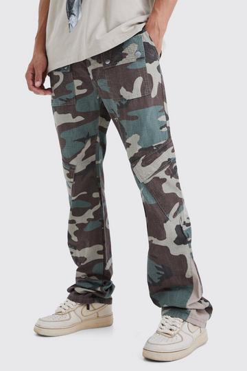 Tall Slim Stacked Gusset Flare Multi Cargo Camo Pants khaki