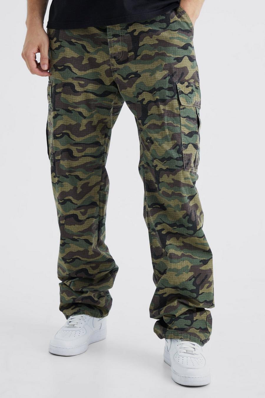 Pantaloni Cargo Tall rilassati in nylon ripstop in fantasia militare con laccetti sul fondo, Khaki image number 1