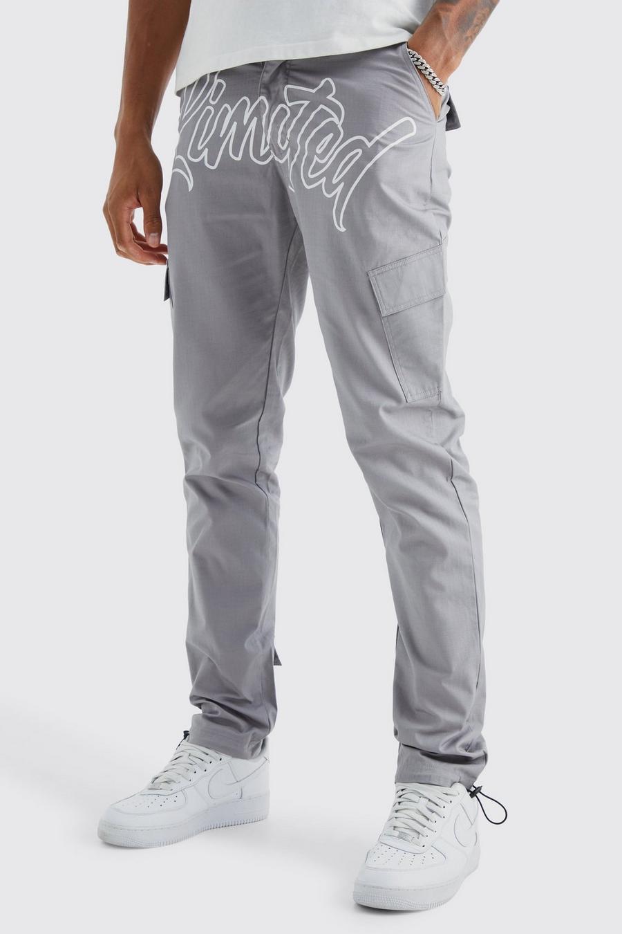 Charcoal Tall Slim Ripstop Cargo Limited Text Print Trouser