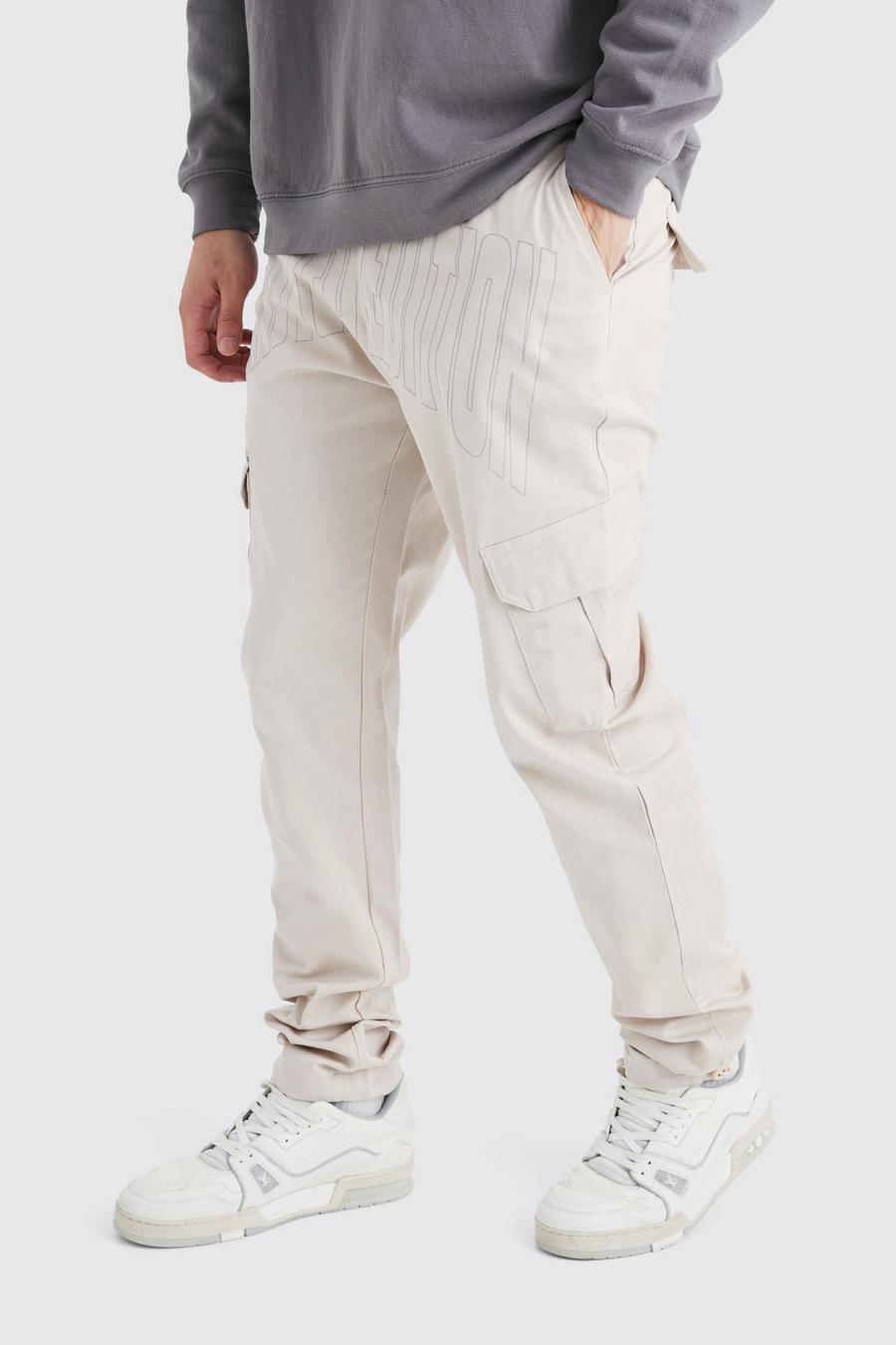 Pantaloni Cargo Tall Slim Fit con stampa tono su tono, Stone beige