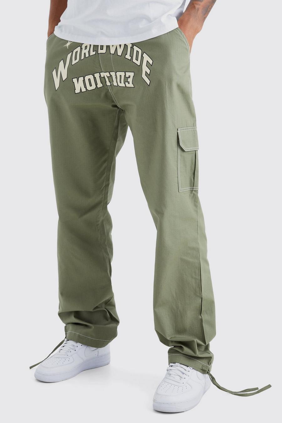 Pantalón Tall holgado cargo con costuras antidesgarros y estampado Worldwide, Khaki image number 1