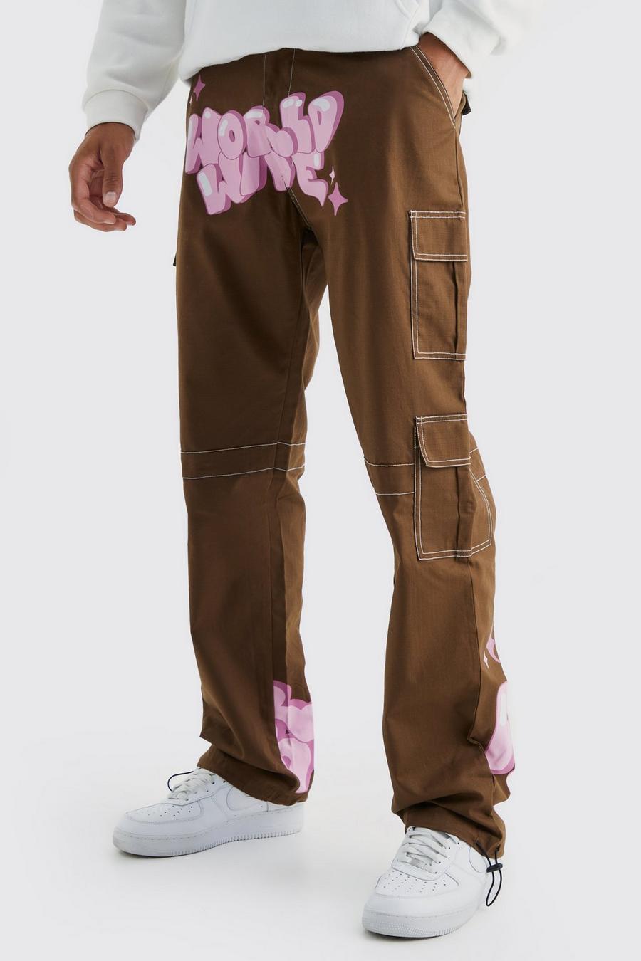 Chocolate brown Tall Relaxed Ripstop Cargo Graffiti Print Trouser