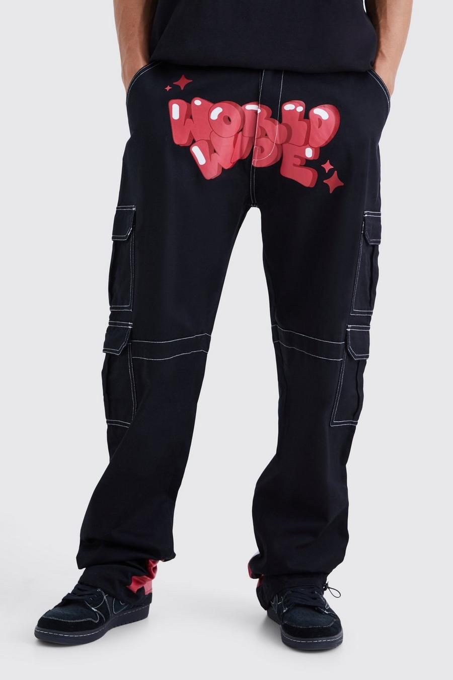 Black Tall Relaxed Cargo Graffiti Print Trouser image number 1