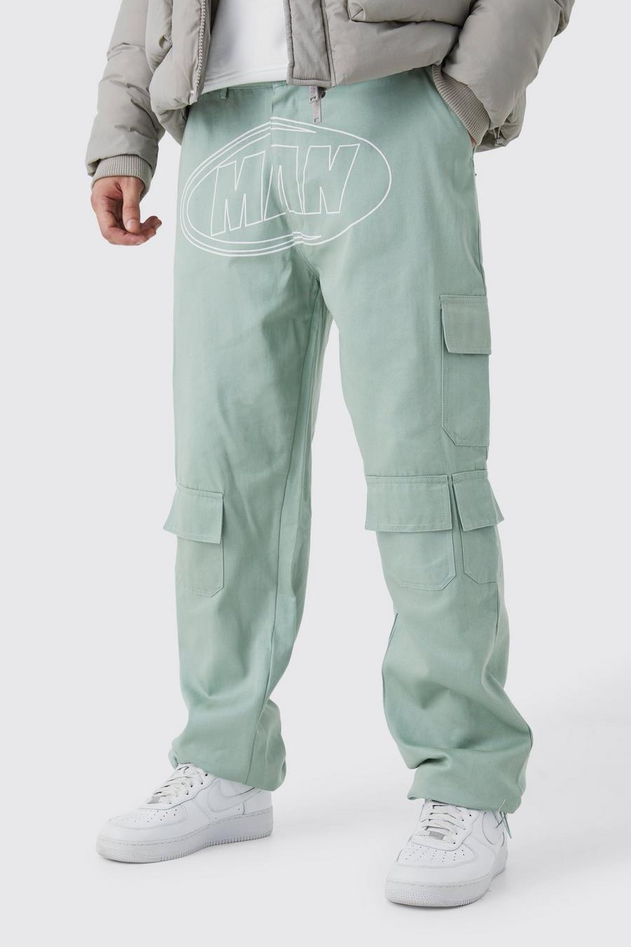 Sage verde Tall Relaxed Multi Cargo Man Print Trouser