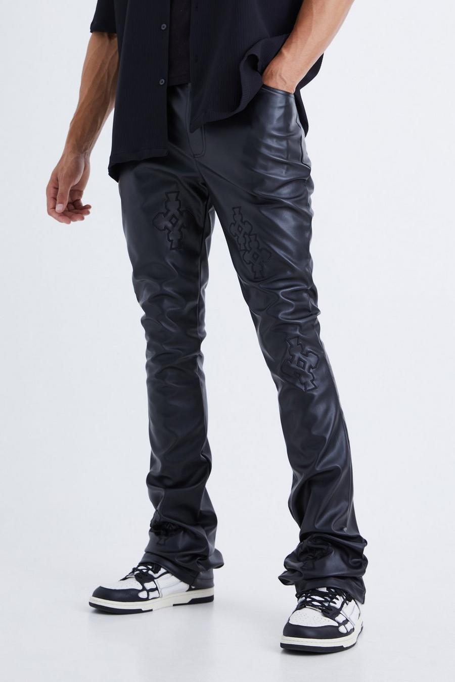 Pantaloni in PU fissi Skinny Fit con applique e pieghe sul fondo, Black