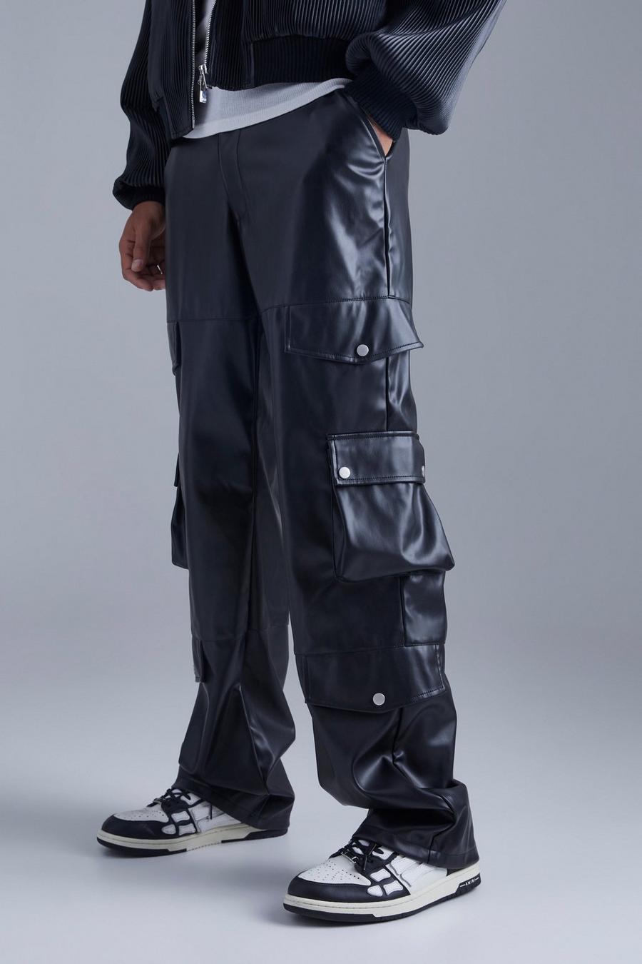 Black Tall Fixed Relaxed Multi Cargo Pu Trouser image number 1