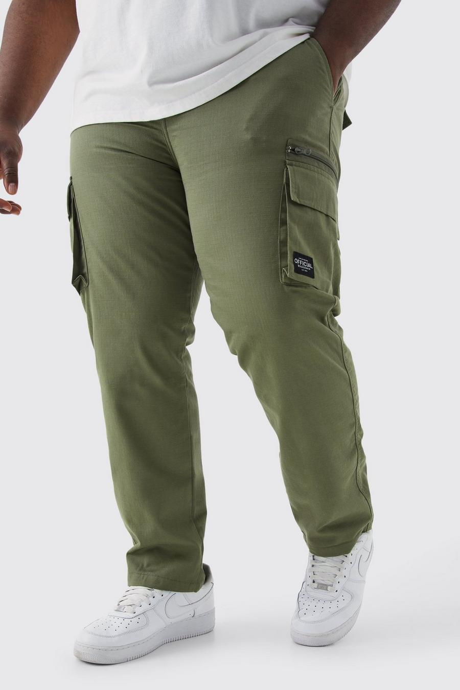 Pantaloni Cargo Plus Size fissi rilassati in nylon ripstop con etichetta, Khaki image number 1