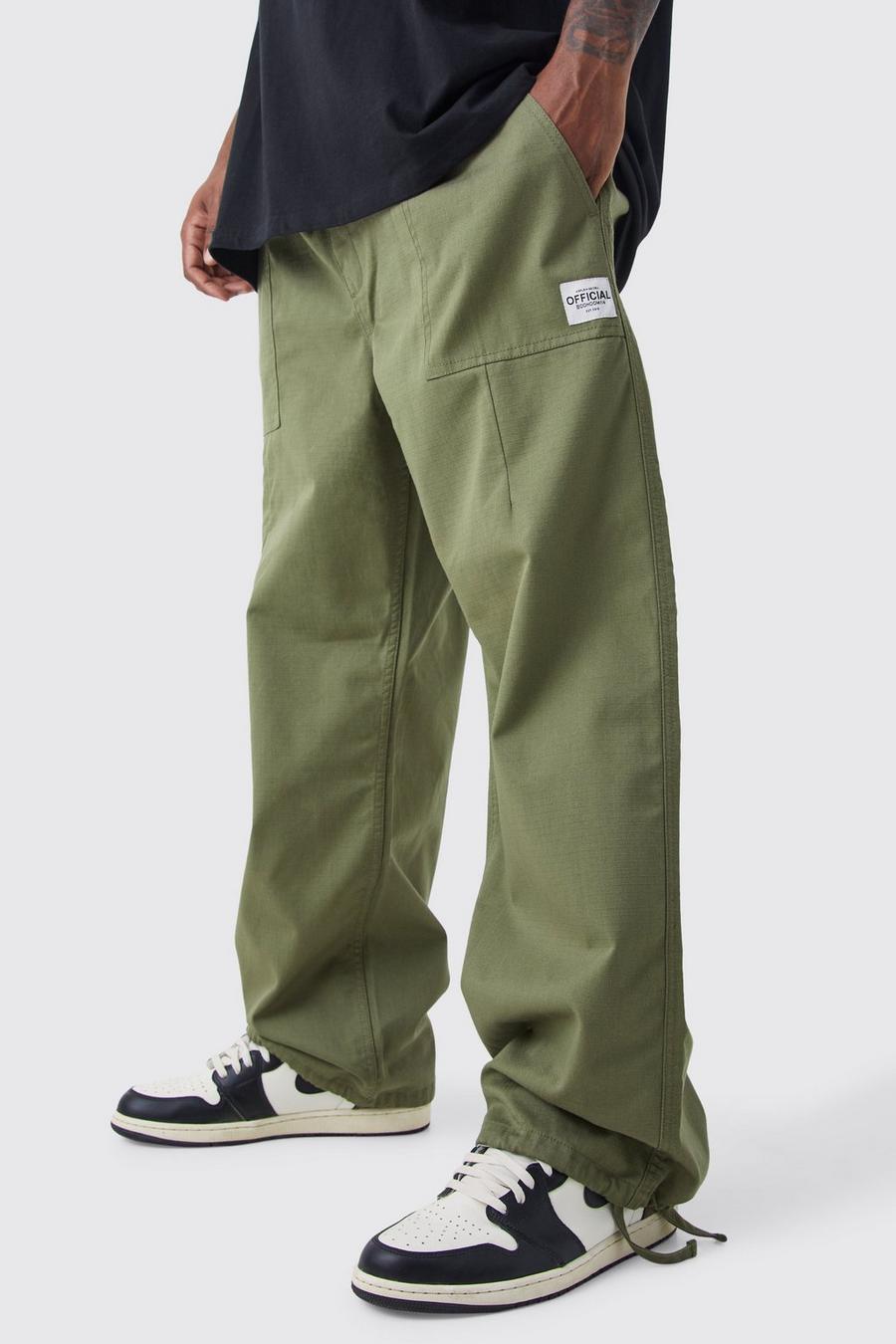 Khaki Plus Elastic Relaxed Long Ripstop Trouser With Tab