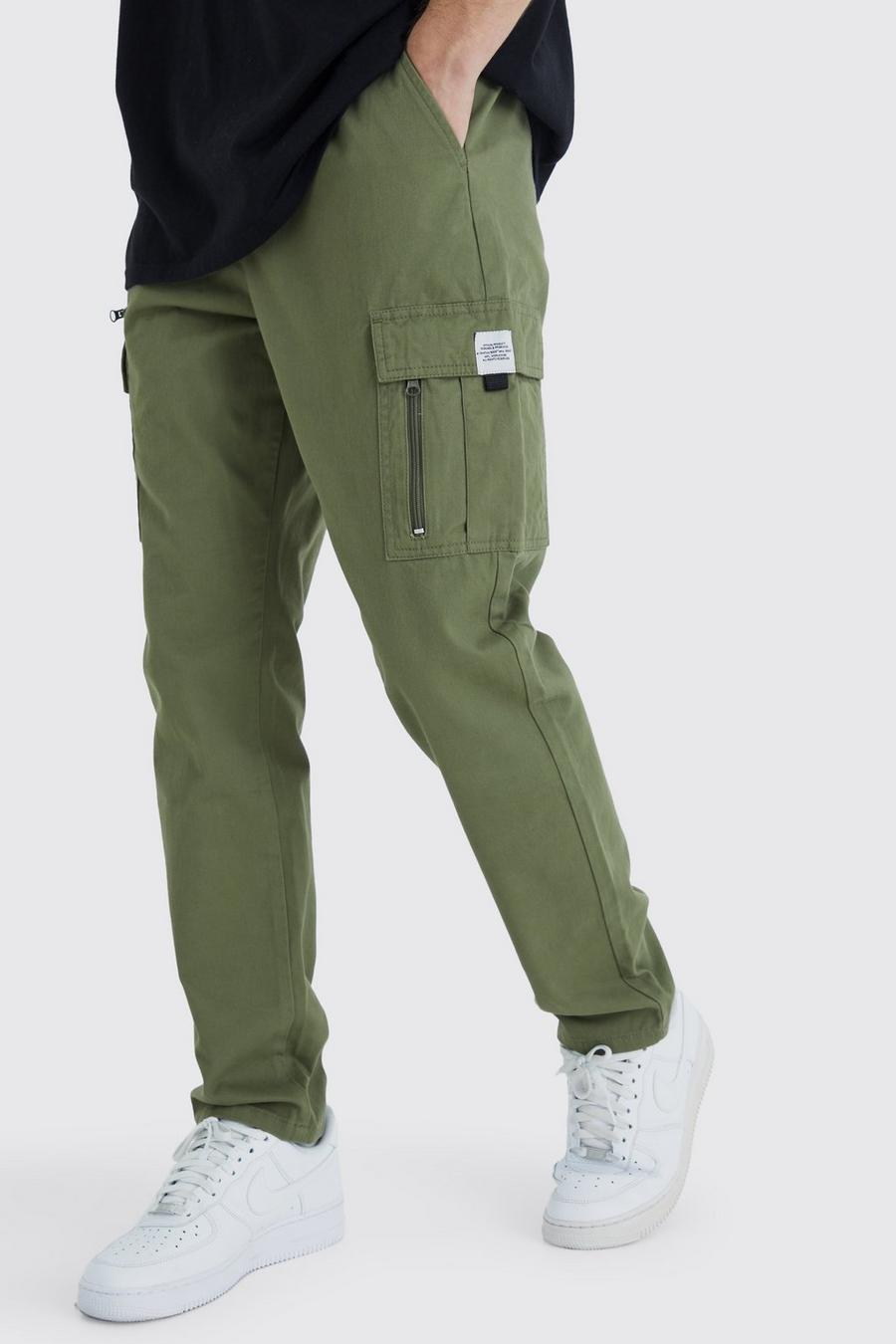 Pantaloni Cargo Tall rilassati elasticizzati con zip, Khaki image number 1