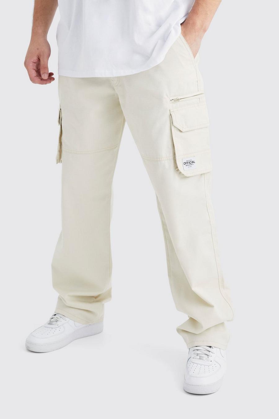 Pantaloni Cargo Tall fissi in nylon ripstop con zip ed etichetta in tessuto, Stone image number 1