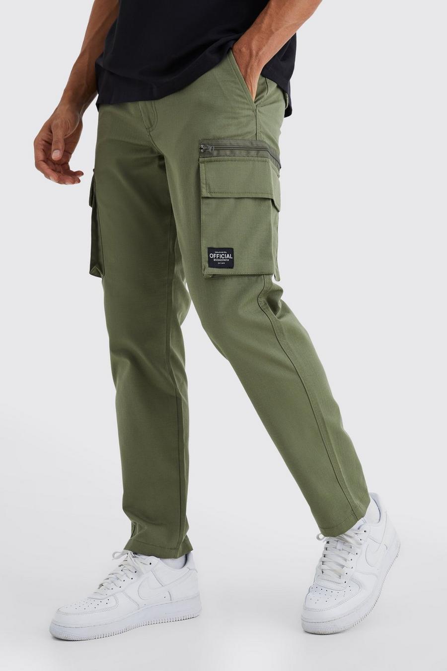 Pantalón cargo holgado con costuras antidesgarros y etiqueta, Khaki caqui