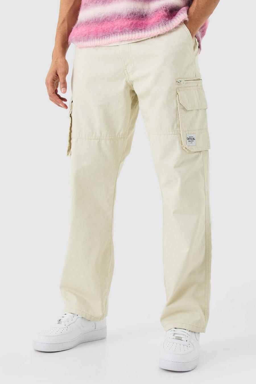 Pantaloni Cargo fissi in nylon ripstop con zip ed etichetta in tessuto, Stone