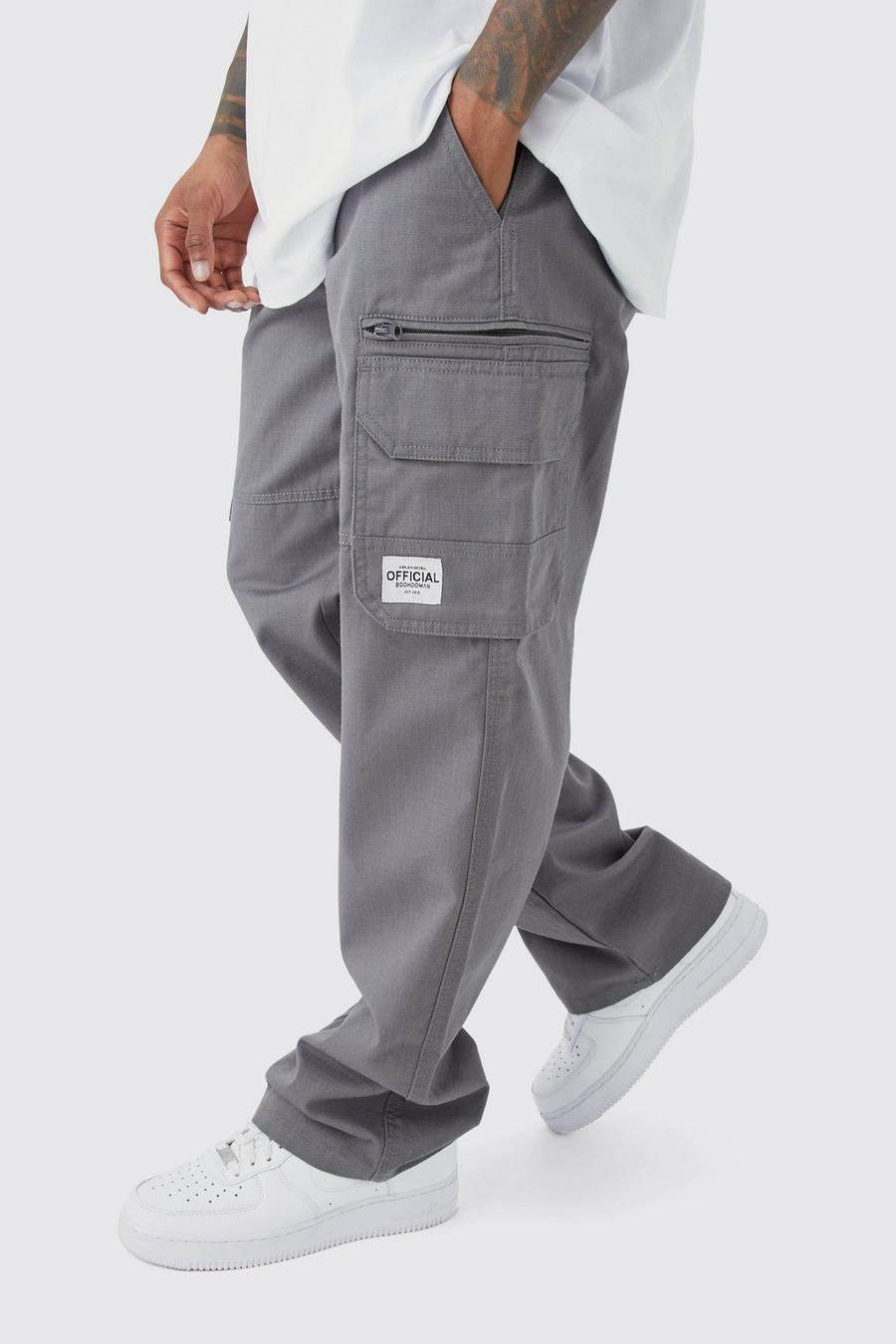 Pantaloni Cargo fissi in nylon ripstop con zip ed etichetta in tessuto, Charcoal