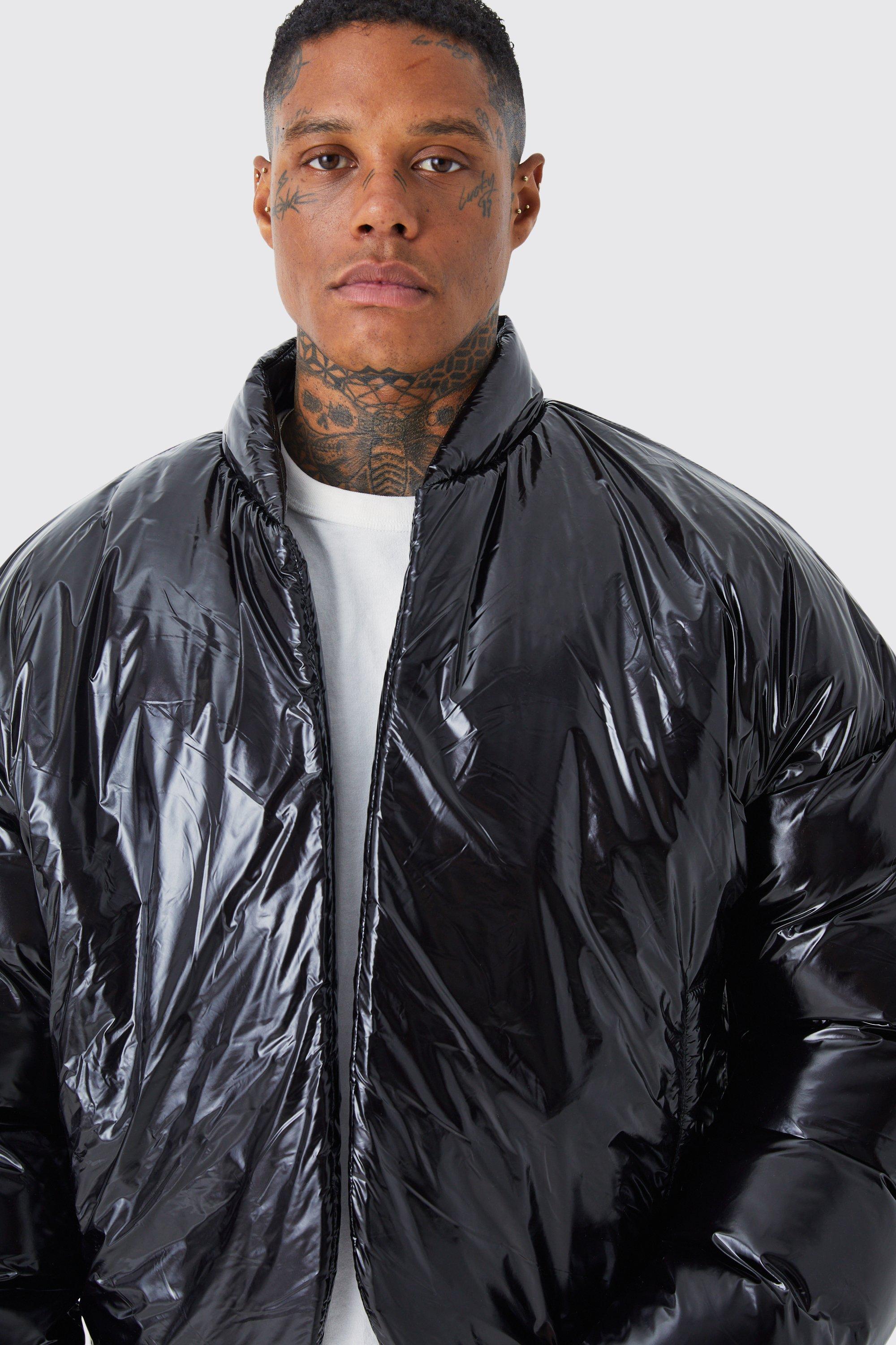 Black high shine padded bomber jacket on sale