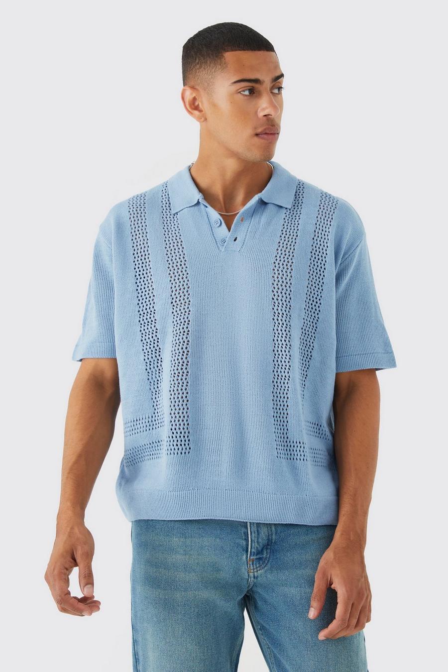 Slate blue Oversized Boxy Open Stitch Detail Knit Polo