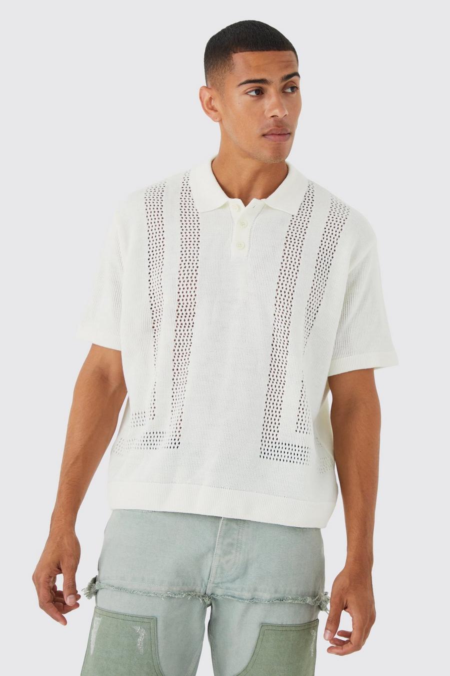 Ecru white Oversized Boxy Open Stitch Detail Knit Polo