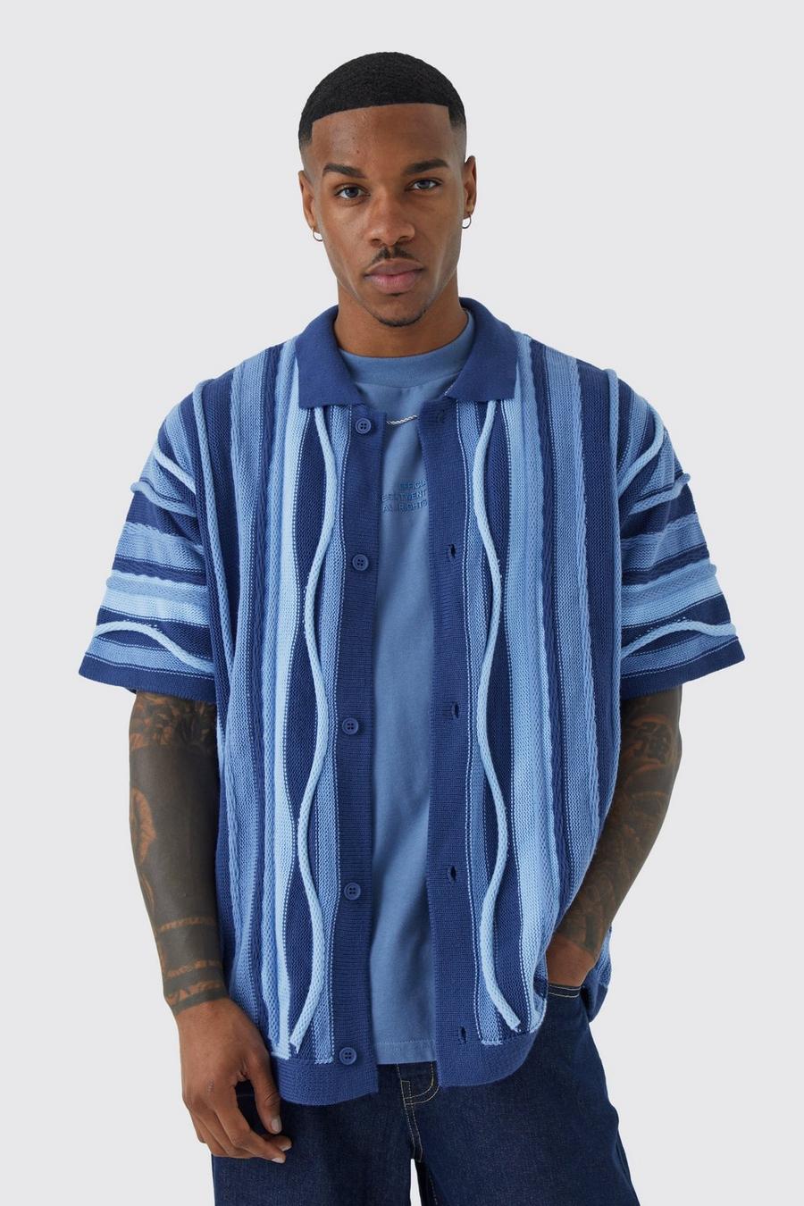 Oversize Jacquard-Hemd mit Knopfleiste, Navy marineblau