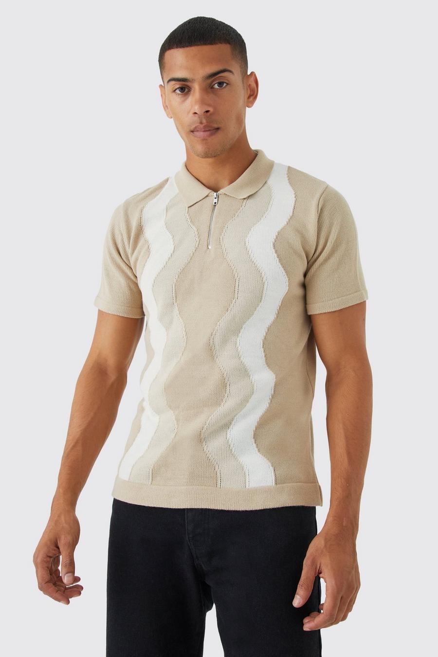 Taupe beige Regular Jacquard Half Zip Knitted Polo