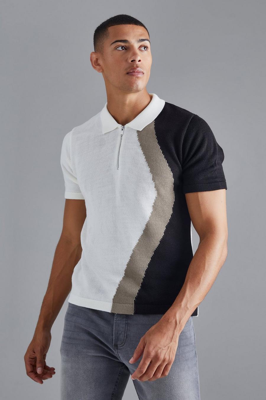 Jacquard Strick-Poloshirt mit halbem Reißverschluss, Ecru white