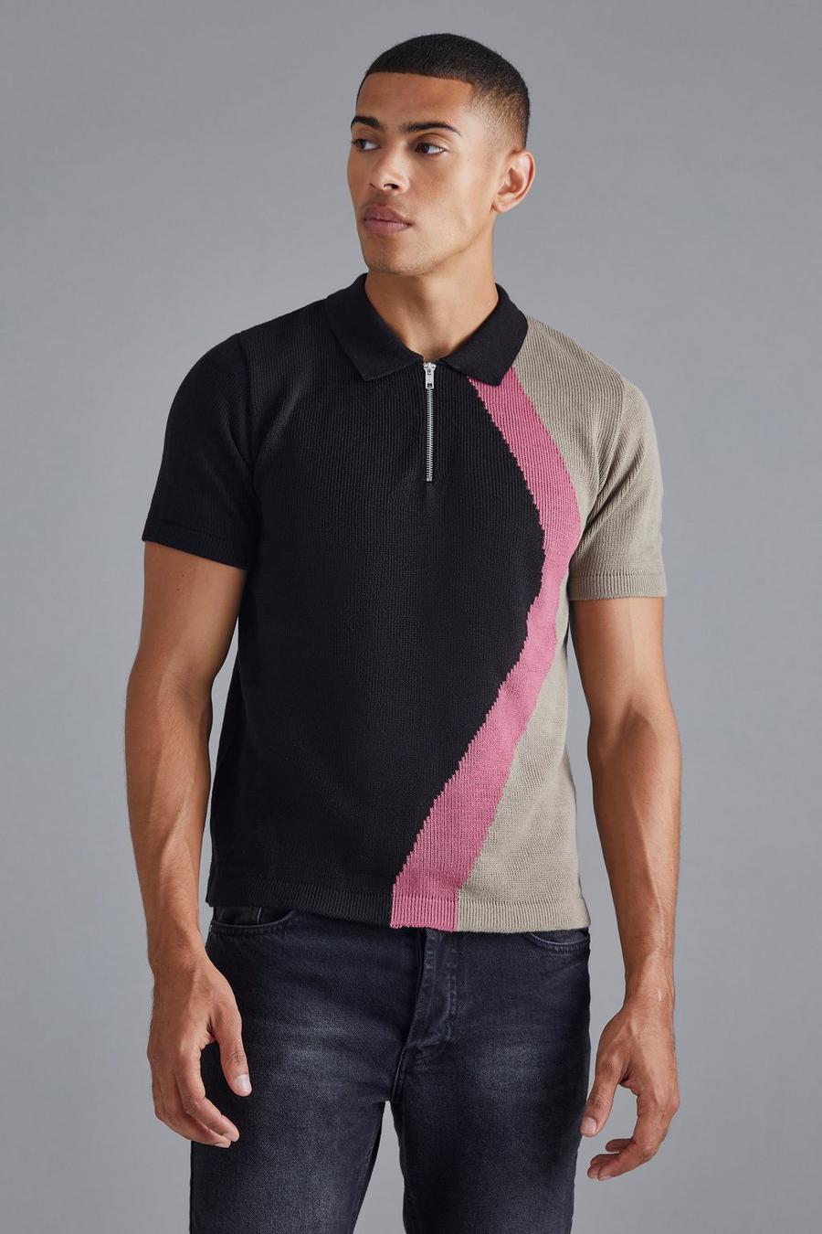 Black Regular Curved Jacquard Half Zip Knitted Polo