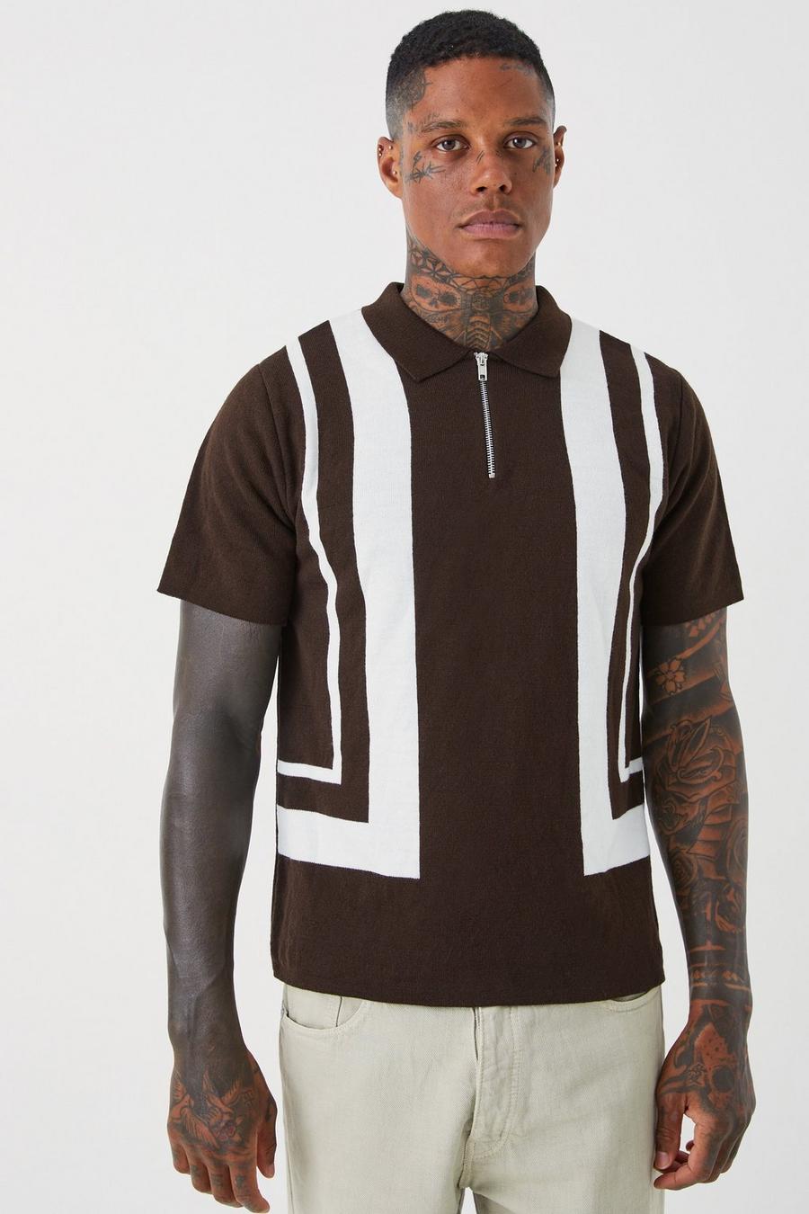 Ecru Regular Fit Panel Half Zip Knitted Polo image number 1