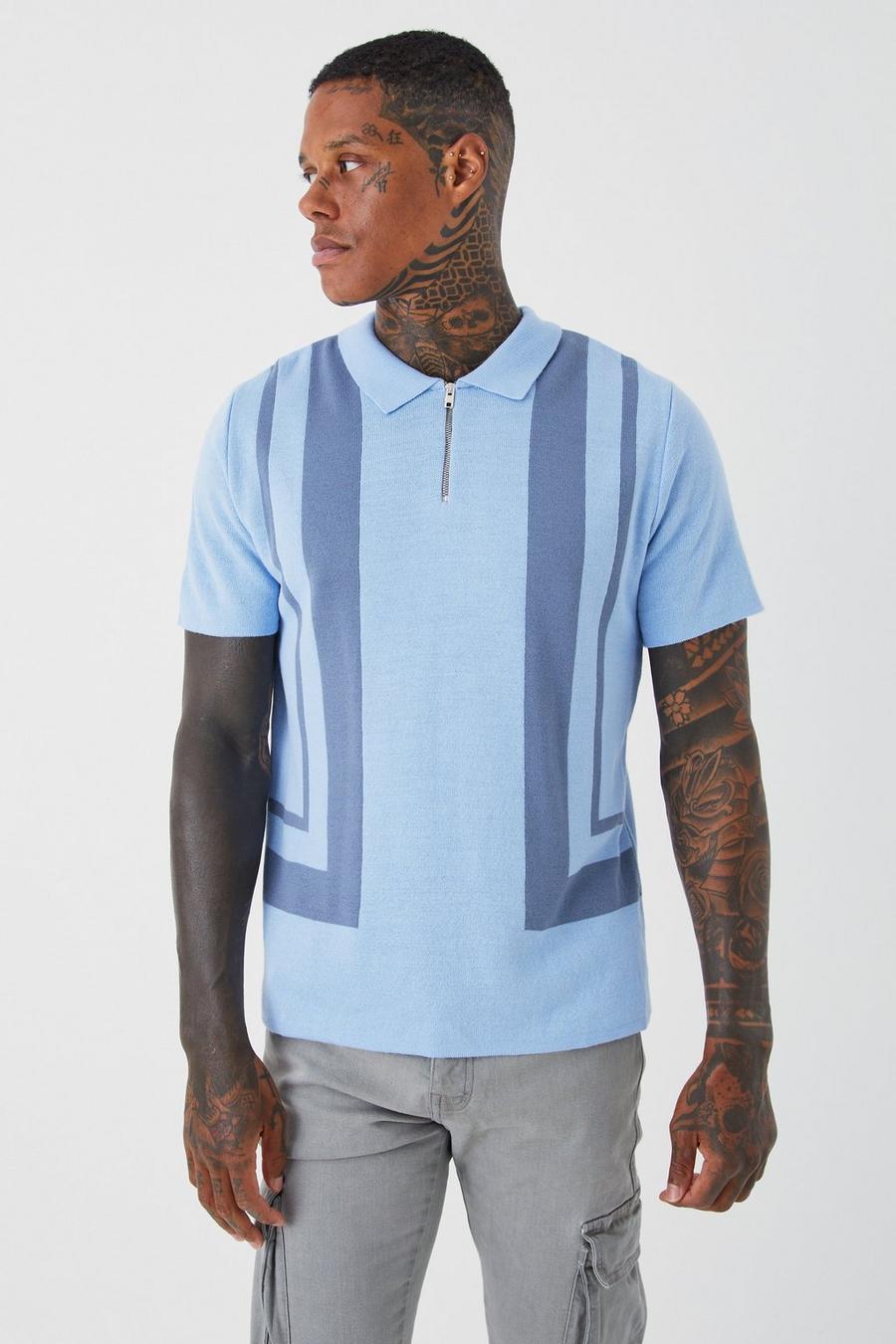 Blue Regular Fit Panel Half Zip Knitted Polo image number 1