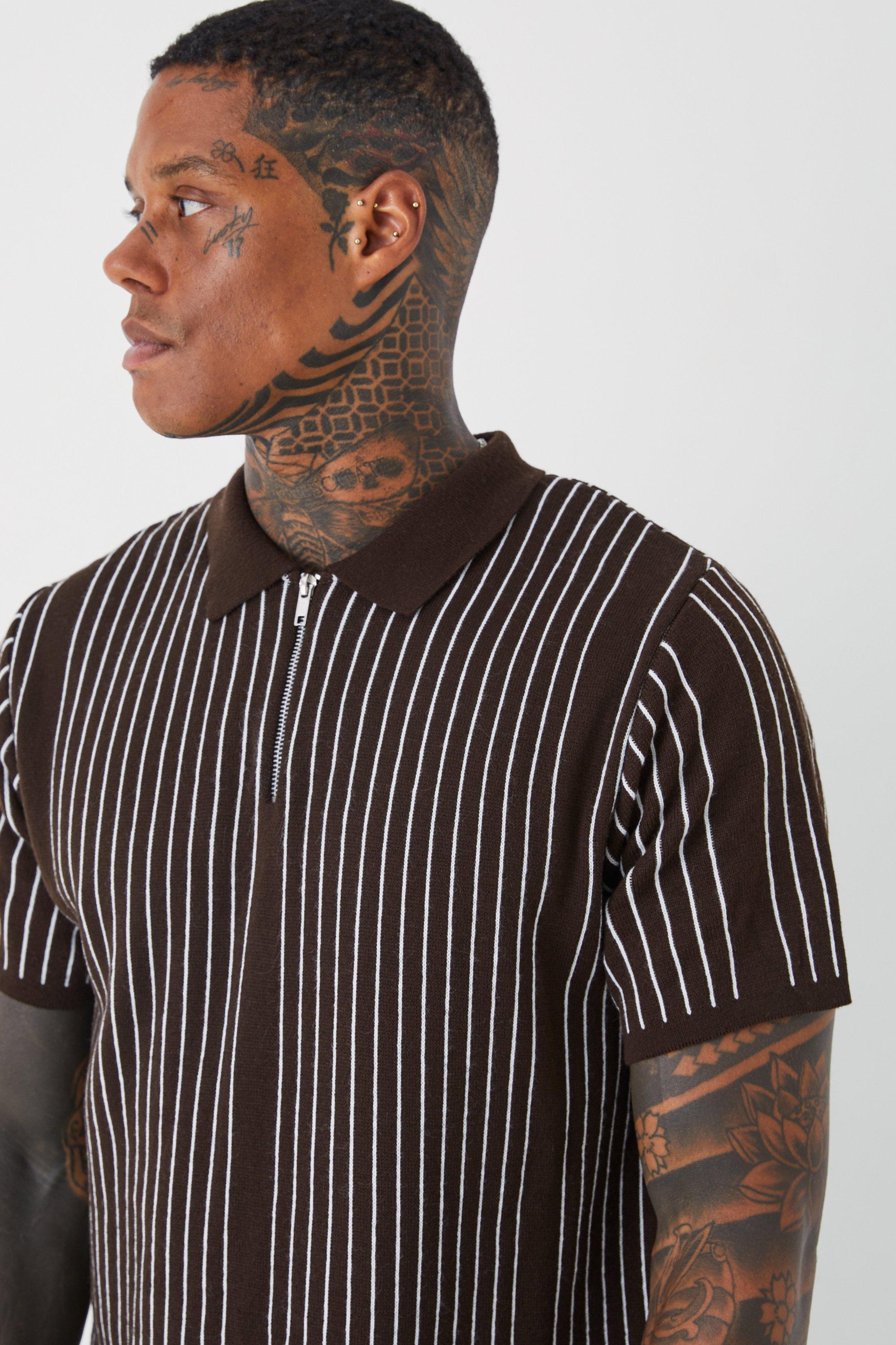 Regular Vertical Stripe Knitted Half Zip Polo