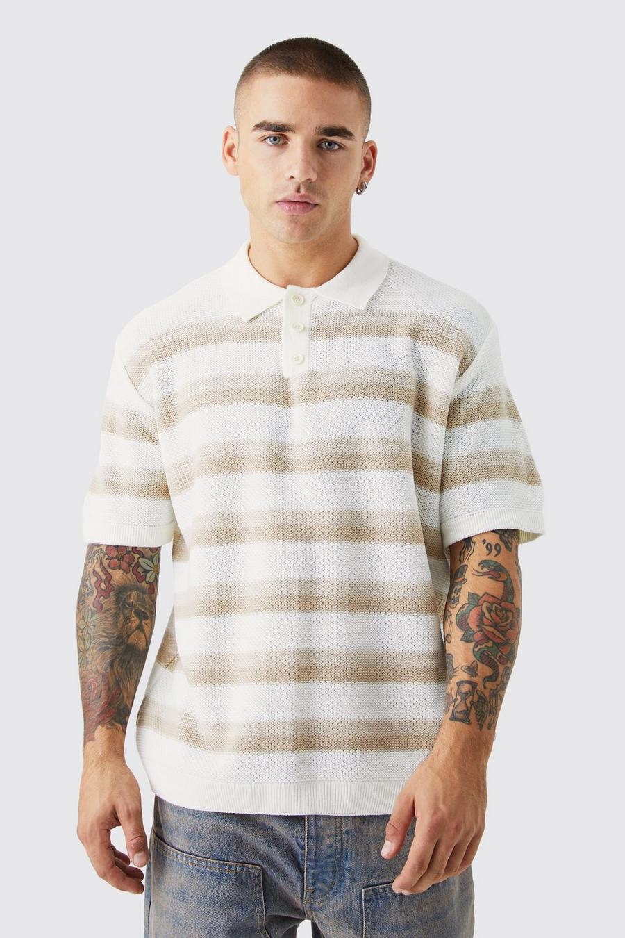 Sand Oversized Boxy Ombre Striped Knitted Polo image number 1