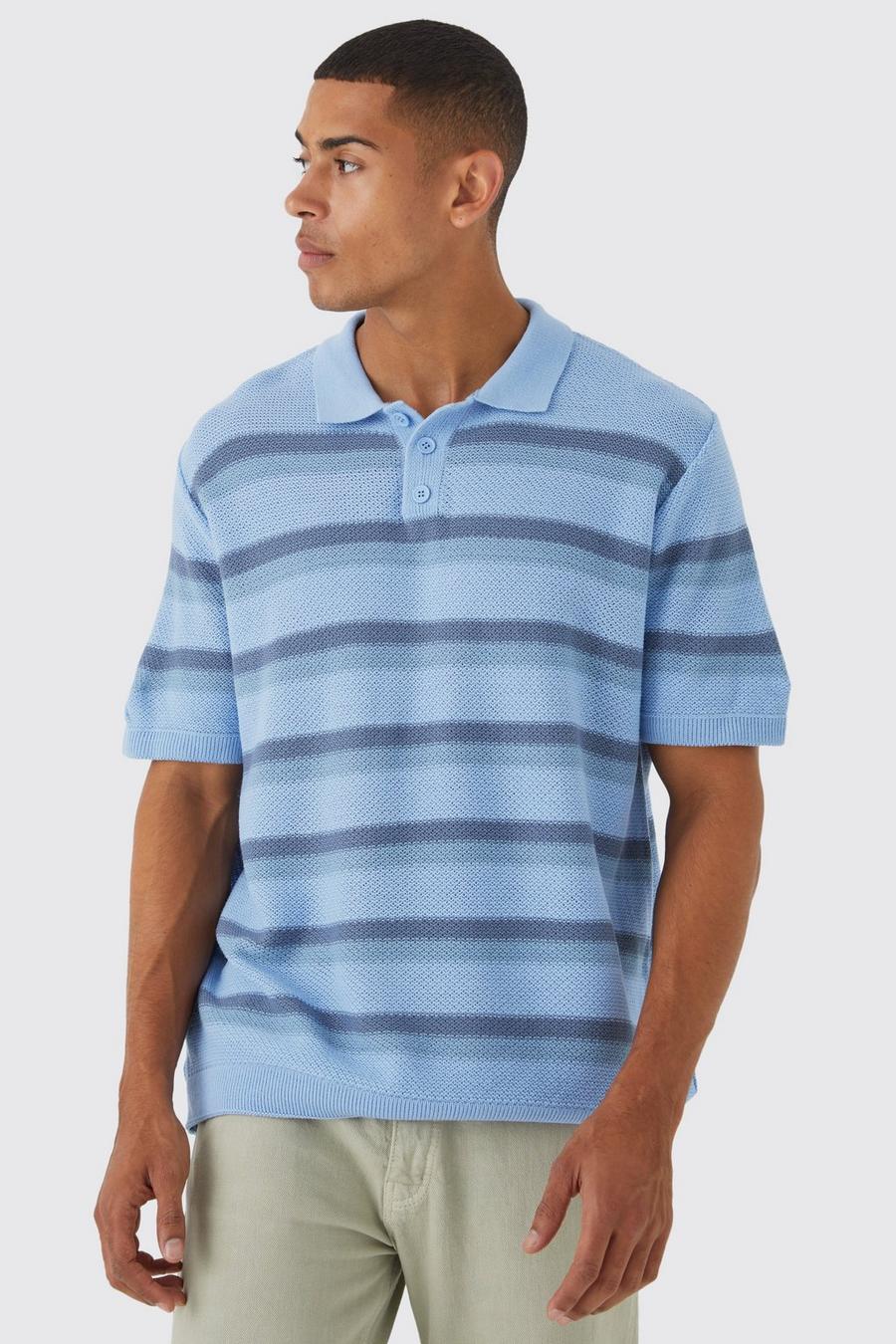 Blue Oversized Boxy Ombre Striped Knitted Polo