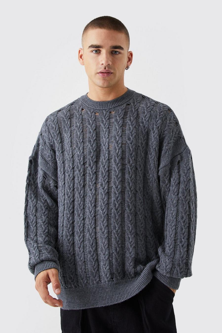 Grey Oversized Open Stitch Cable Jumper