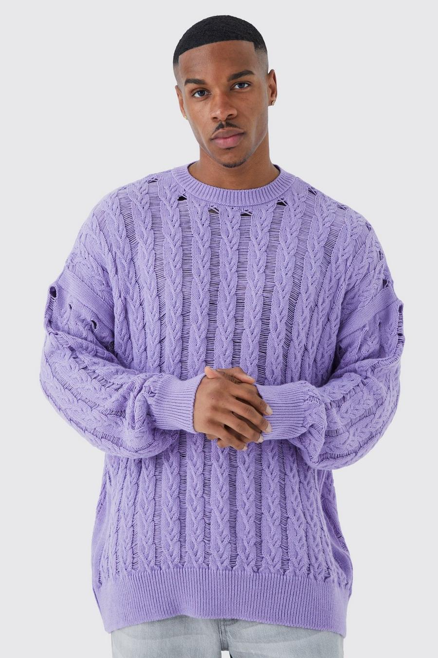 Oversize Zopfmuster-Pullover, Purple